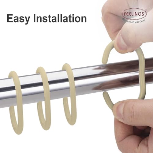FEELINGS 12-Pack Beige Plastic Shower Curtain Rings | Smooth Glide Hooks for Bathroom Curtain Rod | Durable & Easy to Install