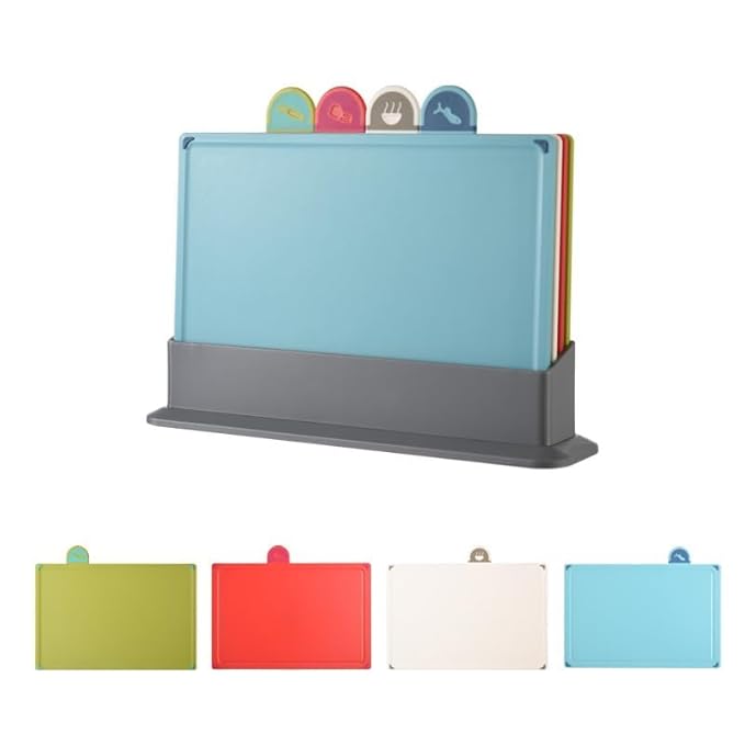 Cutting Board, Durable Non Slip Thick Colored Thick Cutting Board Set with Drain Stand and Easy Grip Handle for Cutting Food, Kitchen, Meat, Fish, Vegetables and Fruits 4 Pieces
