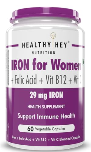 HealthyHey Iron Supplement for Women -100% Chelated - With Vitamin B12, Folic Acid & Vitamin C for High Absorption (60 Veg Capsules)
