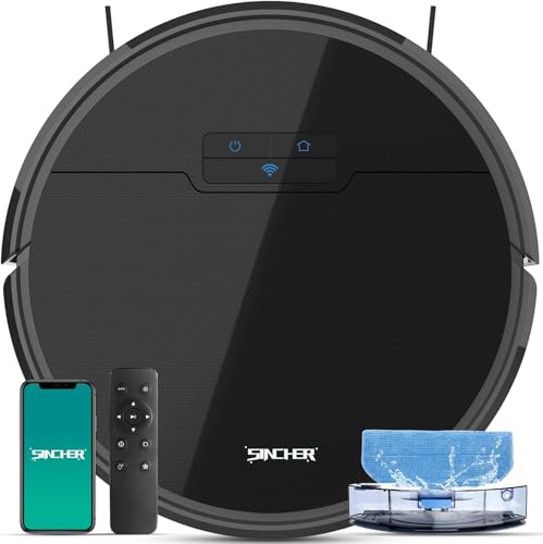SINCHER Robot Vacuum Cleaner with Mop Function, 6300Pa Strong Suction Power Vacuum Cleaner Robot, 120 Min Runtime & Self-Charging, WiFi, 2-in-1, Ideal for Pet Hair, Carpet