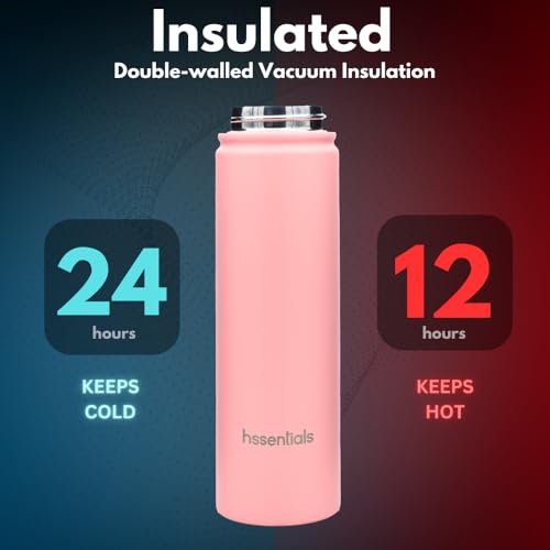 Hssentials 750ml Vacuum Insulated Water Bottle, Double Wall Stainless Steel Thermos Bottle with 2 Lids Included, Straw Lid and Wide Mouth, Hot Cold Water Flask, Sports Bottle (25oz, Baby Pink)