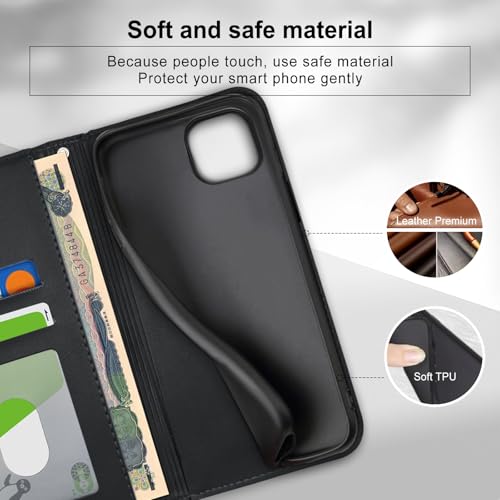 bjnosdv iPhone 13 Pro Case Premium PU Leather Wallet Case 2 Card Holder Shockproof Flip Cover with Kickstand Function Hidden Magnetic Adsorption Flip Wallet Case - Black