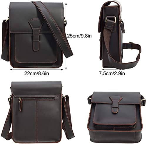 I0I&I0I Genuine Leather Messenger Bag for Men Small Retro Satchel Flap Crossbody Shoulder Bag Fits 10" Tablet, Dark Brown