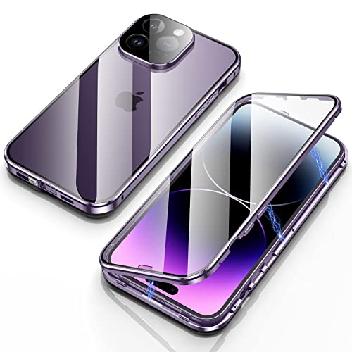 NALACAL Anti Peeping Case for iPhone 14 Pro Max, 360 Degree Front and Back Privacy Tempered Glass Cover, Anti SPY Screen, Anti Peep Magnetic Adsorption Metal Bumper for iPhone 14 Pro Max (Purple)