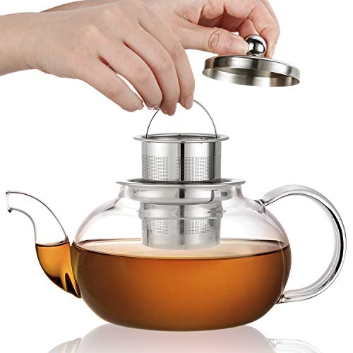 Hiware Glass Teapot with Removable Stainless Steel Lid & Infuser, 33 Ounce Teapot Stove Top Safe for Blooming & Loose Leaf