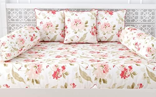 Trance Home Linen 100% Cotton Thick Printed Diwan Set | Deewan Bedsheet Set for Living Room(Set of 6 Pc, 1-Bed Sheet 54x88 Inch | 2-Bolster Cover 16x32 Inch | 3-Cushion Cover 16x16 Inch)-Tashi Pink