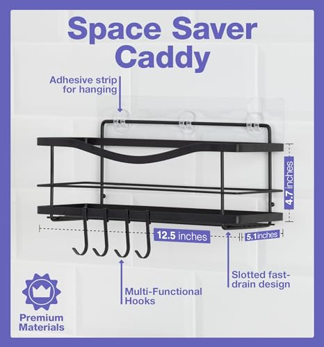 KINCMAX Shower Shelf - Self Adhesive Shower Caddy with 4 Hooks - No Drill Large Capacity Stainless Steel Rack - Aesthetic Organizer for Bathroom Wall Decor - Matte Black