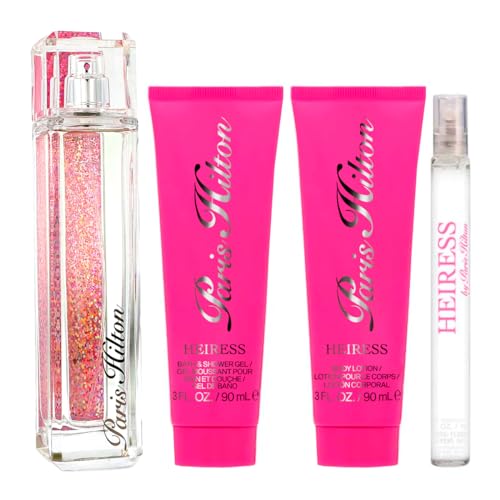 Paris Hilton Heiress for Women - 4 Pc Gift Set 3.4oz EDP Spray, 0.34oz EDP Roll-On, 3oz Body Lotion, 3oz Bath and Shower Gel