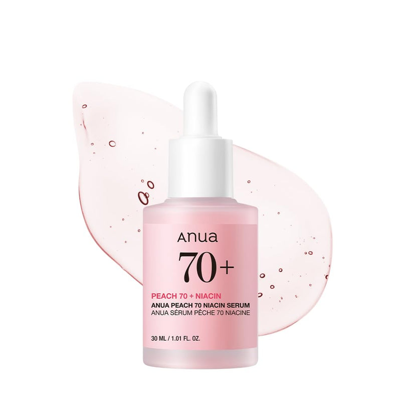 ANUA Peach 70 Niacinamide Serum, Lightweight Hydration for Dry Skin, Vitamin B12, Hyaluronic Acid, Glass Skin, Dewy Finish, Natural Pink Color, Korean Skin Care, 30ml/1.01 fl.oz