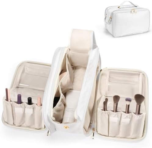 Azonee Large Capacity Travel Makeup Bag for Women, Portable Cosmetic Organizer with Waterproof Design, Vertical Brush Holder, Easy Access Storage for Toiletries and Essentials (White)