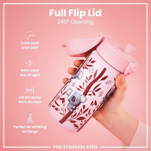 Ion8 Lightweight Steel Kids Water Bottle, 400ml/13oz, Non-Insulated, Leak Proof, Easy to Open, Secure Lock, Dishwasher Safe, Fits Cup Holders, Carry Handle, Metal Water Bottle, Pink, Baby Koalas