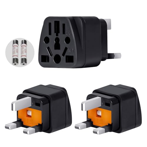 infino™ World to UK Travel Adapter (3-Pack, Black) - Universal 3-Prong Power Converter, Transforms US/JP/AU/EU/CN plugs to UK - Grounded, Safe & Compact for All Devices, Includes 13A Fuse + 2 Spares