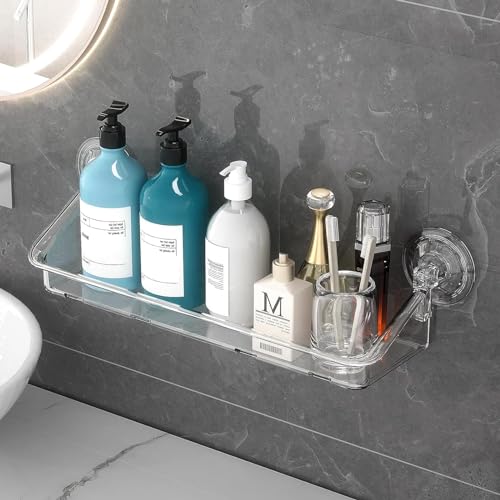 KASTWAVE Shower Caddy Suction Cup, No Drilling Hang Walls, Adhesive Clear Acrylic Shelf, for Bathroom, Pantry, Kitchen, Utility Room (Shower Caddy Suction Cup)