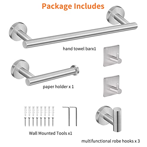 5 Pieces Wall Mounted SUS304 Stainless Steel Bathroom Towel Rack 40cm 16" Towel Rails Towel Holder, Toilet Paper Holder and Robe Hooks Bathroom Accessories Set (Bathroom Set, Brushed Finish Silver)