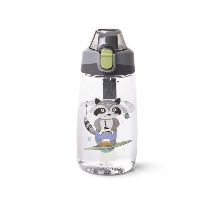 Water Bottle 500mL for Kids by Fissman, BFA Free | Non-Toxic | Leak-Proof | Pop-Up Spout Cover | Flip Top Lid | Raccoon Printed, Black.