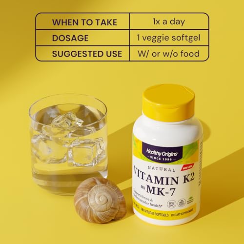 Healthy Origins Vitamin K2 as MK-7, 100 mcg - K2 Vitamin Supplement for Heart Health, Bone Health & Calcium Metabolism - Gluten-Free Supplements - 60 Veggie Softgels
