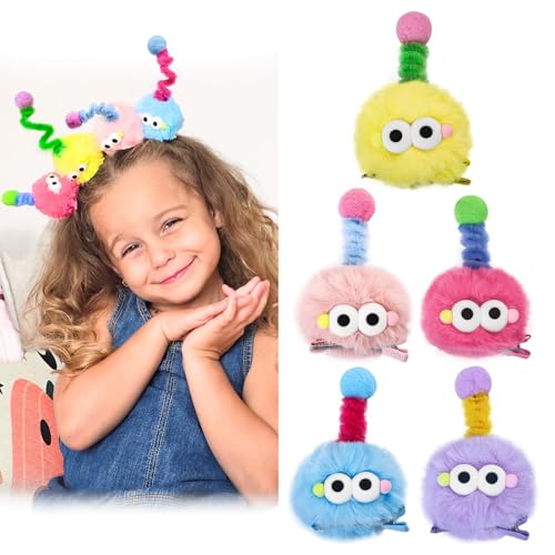 HZYH Fluffy Pom Poms Hair Clip For Girls, Cartoon Hair Barrettes For Kids, Colorful Hair Clips For Toddler, Quirky Little Monster Hair Accessory For Halloween, 5 Pieces