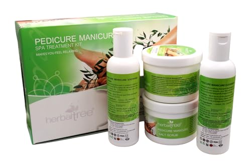 HerbalTree Pedicure Manicure Spa Treatment Kit, 4-Step System with Cleanser, Salt Scrub, Massage Cream and Soothing Lotion, 200 ml Each
