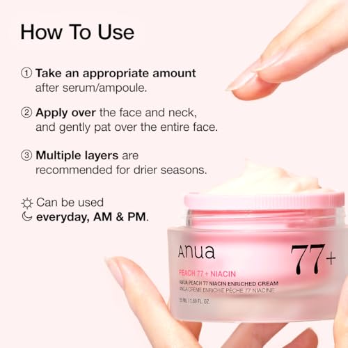 Anua Peach Niacinamide Cream, Face Moisturizer for Dry Skin with Vitamin B12, Collagen, Ceramide, Panthenol, Korean Skin Care for Glass Skin (50ml, 1.69 fl.oz.)