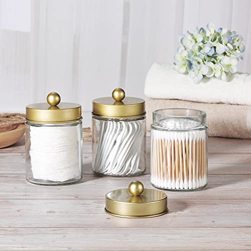 Apothecary Jar Canisters Bathroom Vanity Organizer - Qtip Holder Storage Organizer Countertop Canister-Stainless Steel Lids &Cute Stickers for Qtips,Cotton Swabs,Makeup Sponges,Floss(3 Pack ) (Gold)