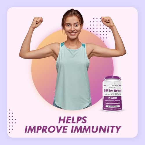 HealthyHey Iron Supplement for Women -100% Chelated - With Vitamin B12, Folic Acid & Vitamin C for High Absorption (60 Veg Capsules)