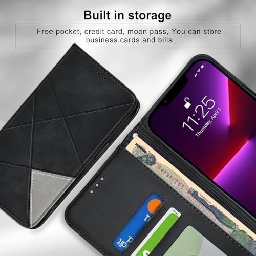 bjnosdv iPhone 13 Pro Case Premium PU Leather Wallet Case 2 Card Holder Shockproof Flip Cover with Kickstand Function Hidden Magnetic Adsorption Flip Wallet Case - Black