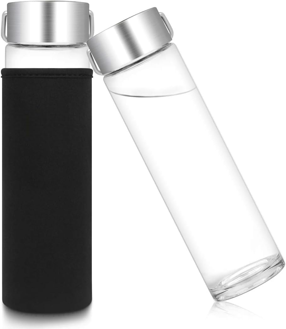 750ml Glass Water Bottle with Stainless Steel Leak-Proof Lid & Carry Handle Reusable Drinking Bottle with Neoprene Sleeve for Office, Gym, Travel & School (Blue)