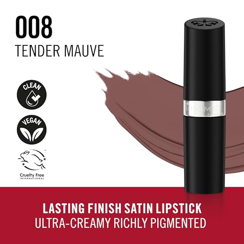 Rimmel Lasting Finish, 008 Tender Mauve, Satin Lipstick, Long-Lasting, Satin Finish, Rich Colour, Moisturising, Vegan Formula, 4g