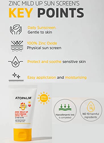 ATOPALM Zinc Mild Up Sun Cream SPF50+ PA++++ 65g, Dry Skin Moisturizing MLE Sun Protection, Korean Mineral Sunscreen