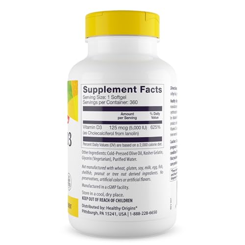 Healthy Origins Vitamin D3 5,000 IU - Bone Health and Immune Support Supplement - Easily Absorbable Vitamin D Supplements - Gluten-Free Vitamin D3 Supplement - 360 Softgels