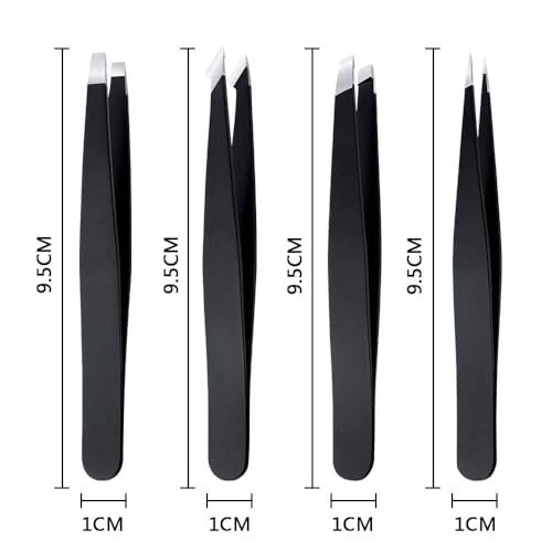 MOMENT 4 Pcs Tweezers Set with Leather Case Professional Stainless Steel Tweezers for Eyebrows Great Precision for Eyebrow, Ingrown Hair, Splinter, Facial Hair Removal Black
