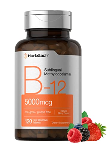 Horbäach B12 Sublingual Methylcobalamin | 5000mcg | 120 Fast Dissolve Tablets | Vegetarian, Non-GMO and Gluten Free Supplement | by Horbaach