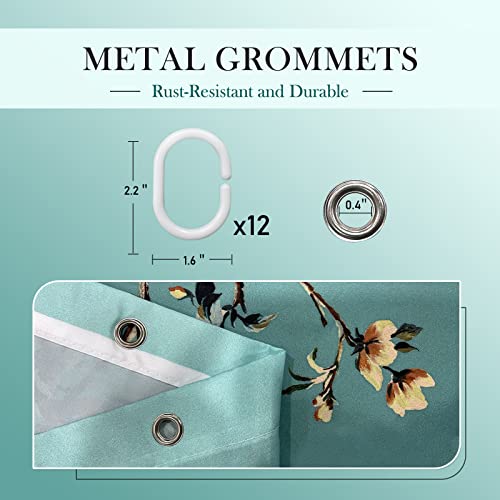 LIVETTY Ombre Green Floral Shower Curtain Birds 72x78 inches with 12 Hooks Mint Light Green Shower Curtain Turquoise Teal Butterfly Fabric Bathroom Curtain Washable Quick-Drying