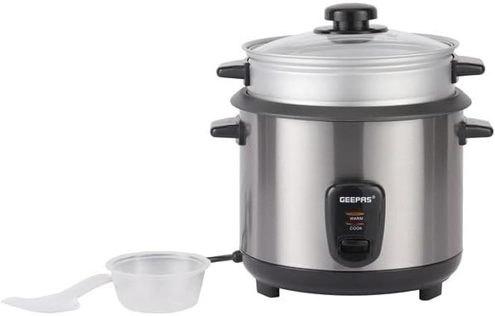 Geepas 1.5 L Multifunctional Rice Cooker- GRC35040| Durable Construction with Cool Touch Handle|Equipped with Tempered Glass Lid, Rice Spoon, Aluminum Outer Steamer and Measuring Cup|2 Years Warranty