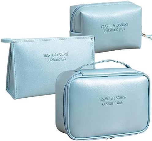 SYOSI 3 Pieces Makeup Bag, Cosmetic Bags, Pu Leather Large Make up Bag Organizer for Women and Girls Portable Waterproof Travel Toiletry Bag Pouch Travel Organizer Storage Cases (Leather Blue)