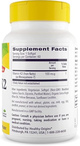 Healthy Origins Vitamin K2 as MK-7, 100 mcg - K2 Vitamin Supplement for Heart Health, Bone Health & Calcium Metabolism - Gluten-Free Supplements - 60 Veggie Softgels