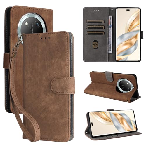 For Honor X9c / Honor Magic 7 Lite Cover with Hand Strap, PU Leather Full Body Protection Shockproof Flip Mobile Cover, RFID Anti-theft Brush Folio Wallet Case