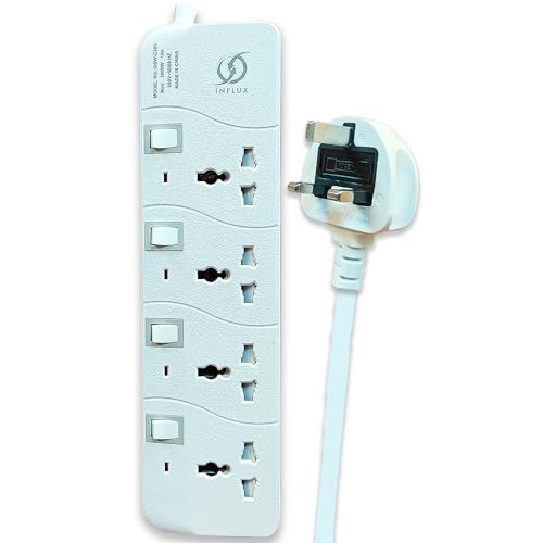 INFLUX Extension Cord with 4-Outlet - 5 Meter Multi Plug Extension Cable for Maximum Reach and Versatility - Power Strip with Universal Plug adapter and Heavy duty power Cord with 13A Fused plug.