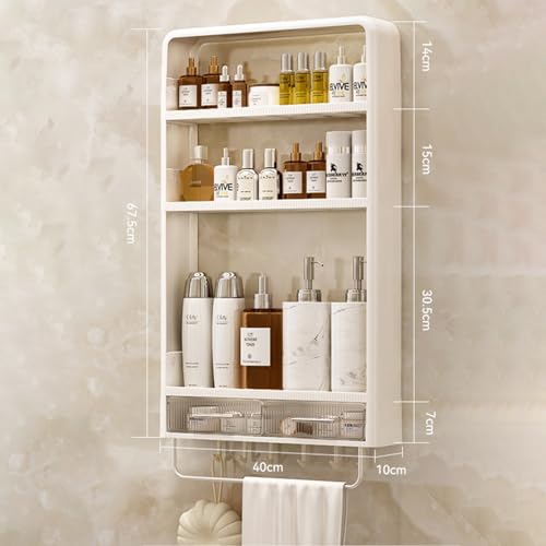 Wall Mounted Bathroom Shelves, White Bathroom Wall Cabinet with Towel Rack and 5 Hooks, No Drilling Required Accessories Holder, Shower Organizer for and Kitchen (White)