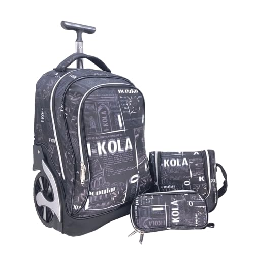 i-kola Blue 3pcs Kids Rolling School Bag Set – School Trolley Backpack with Lunch Bag & Pencil Case | 18″ Kid Luggage Backpack with Wheels & Telescopic Handle for Boys & Girls (E912-18BW3)