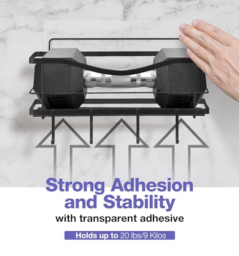 KINCMAX Shower Shelf - Self Adhesive Shower Caddy with 4 Hooks - No Drill Large Capacity Stainless Steel Rack - Aesthetic Organizer for Bathroom Wall Decor - Matte Black