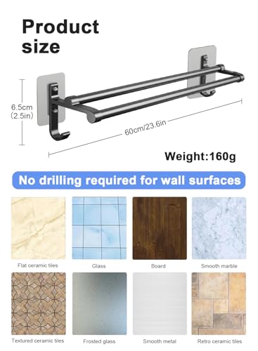 URbazaar Bathroom Towel Bar Holder,Useful Towel Rack Set,Wall Mounted Towel Hanger| Self-adhesive. Strong load-bearing, Sturdy Toilet Bathroom Bath Towel Cleaning Tools Holder (Black, 60 cm/23.6 inch)