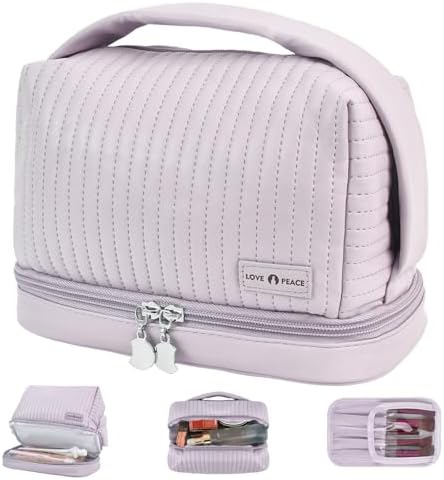 Azonee Large Capacity Makeup Bag, Portable PU Leather Cosmetic Organizer, Dry and Wet Separation Double-Deck Spacious Toiletry Pouch for Women, Makeup Storage Handbag for Travel & Daily Use (Purple)
