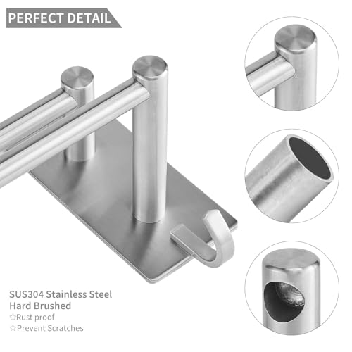 JS Bathroom Towel Holder Adhesive, 43.5cm/17.1 Inch Towel Rack No Drill Dual Rod with 2 Hooks, 304 Stainless Steel, Anti-rust Towel Rail for Shower/kitchen