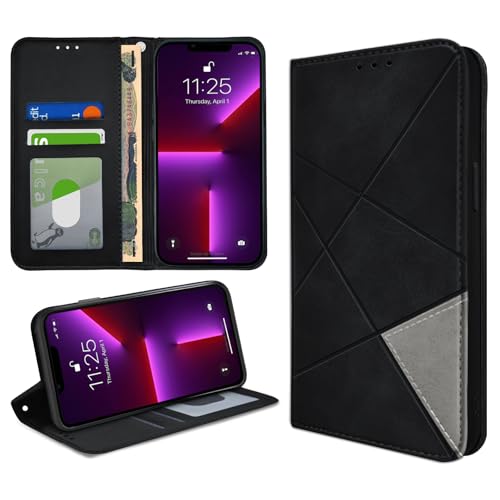 bjnosdv iPhone 13 Pro Case Premium PU Leather Wallet Case 2 Card Holder Shockproof Flip Cover with Kickstand Function Hidden Magnetic Adsorption Flip Wallet Case - Black