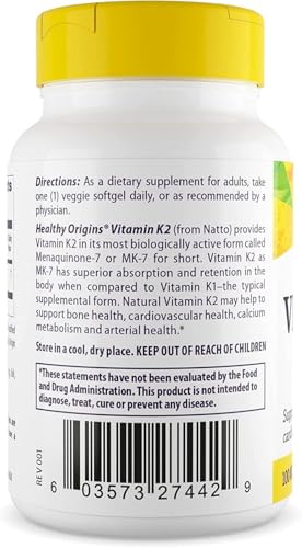 Healthy Origins Vitamin K2 as MK-7, 100 mcg - K2 Vitamin Supplement for Heart Health, Bone Health & Calcium Metabolism - Gluten-Free Supplements - 60 Veggie Softgels