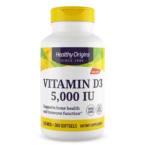 Healthy Origins Vitamin D3 5,000 IU - Bone Health and Immune Support Supplement - Easily Absorbable Vitamin D Supplements - Gluten-Free Vitamin D3 Supplement - 360 Softgels