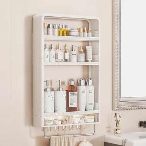 Wall Mounted Bathroom Shelves, White Bathroom Wall Cabinet with Towel Rack and 5 Hooks, No Drilling Required Accessories Holder, Shower Organizer for and Kitchen (White)