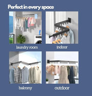 Heavy Duty Retractable Clothes Drying Rack - Wall Mounted Space Saving Aluminum Laundry Hanger Rack with Folding Arms & 18 Hooks for Indoor, Balcony, Outdoor Use (Black)