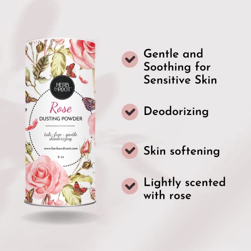 Herb & Root Rose Scented Talc-Free Dusting Powder for Women: Anti-Chafing Body Powder with Arrowroot & Cornstarch, 6 oz